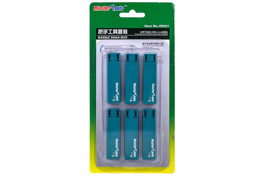 Trumpeter Master Tools Handle Rail Jig Tool Set 6Pcs in retail packaging, featuring six teal plastic bending jigs for model making.