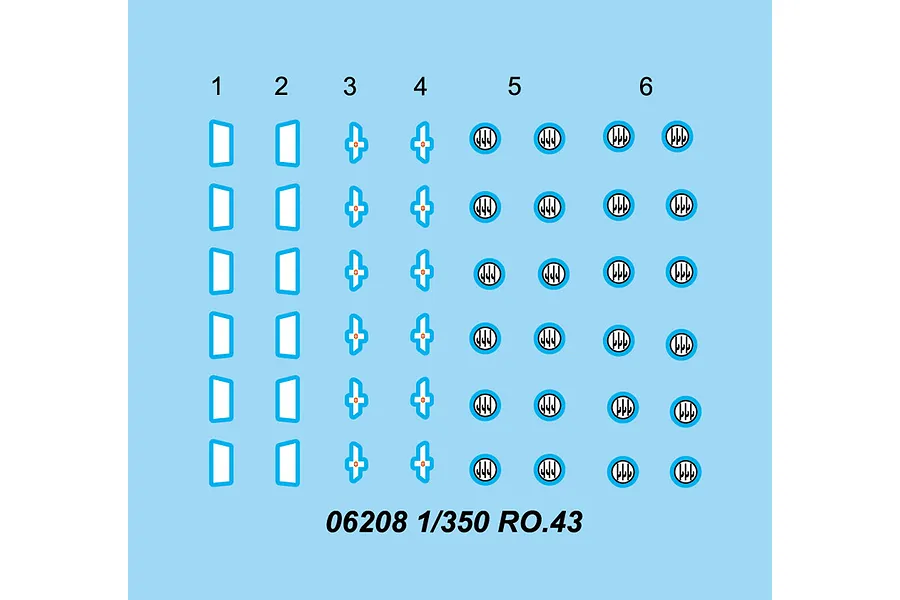 A digital decal sheet for 1/350 scale IMAM Ro.43 aircraft models, featuring various national insignia and markings on a light blue background.
