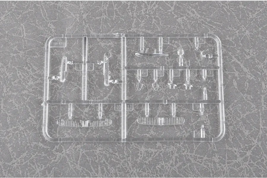 A clear plastic sprue containing small model aircraft parts for a 1/350 scale IMAM Ro.43 model kit.