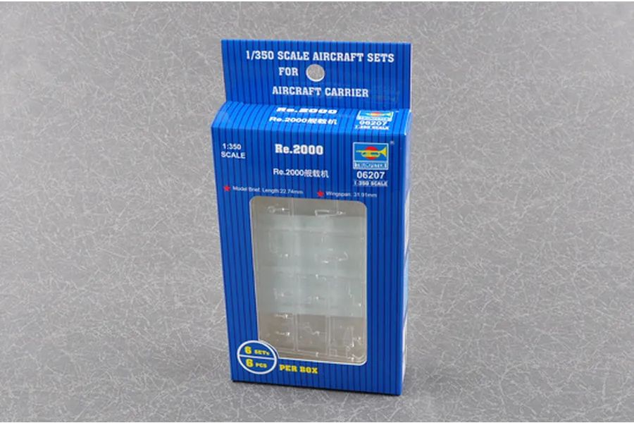 Trumpeter 1/350 scale Re.2000 aircraft model kit packaging in a blue box containing 6 pieces.