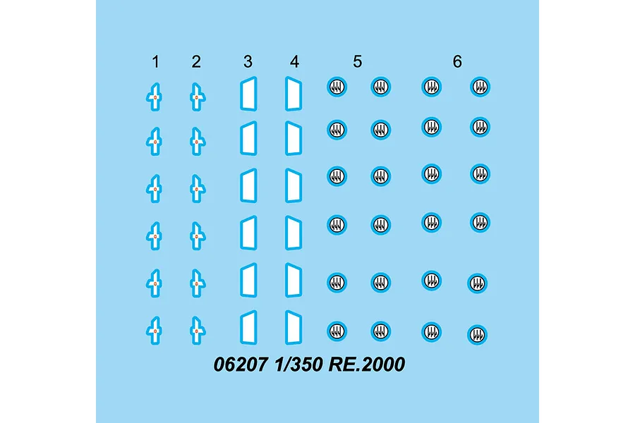 A decal sheet for 1/350 scale Trumpeter Re.2000 aircraft model kits, featuring various national insignia and markings on a light blue background.