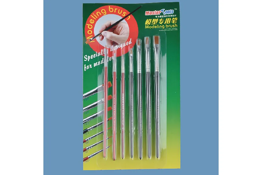 A set of seven Trumpeter Master Tools modeling brushes in their original retail blister packaging.