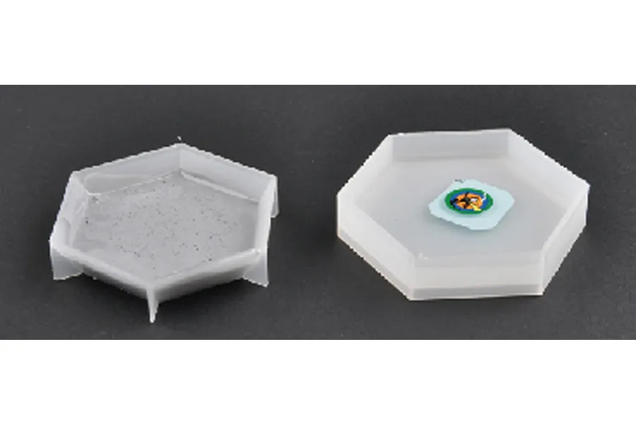Two hexagonal translucent plastic paint trays from the Trumpeter Master Tools set on a dark background.