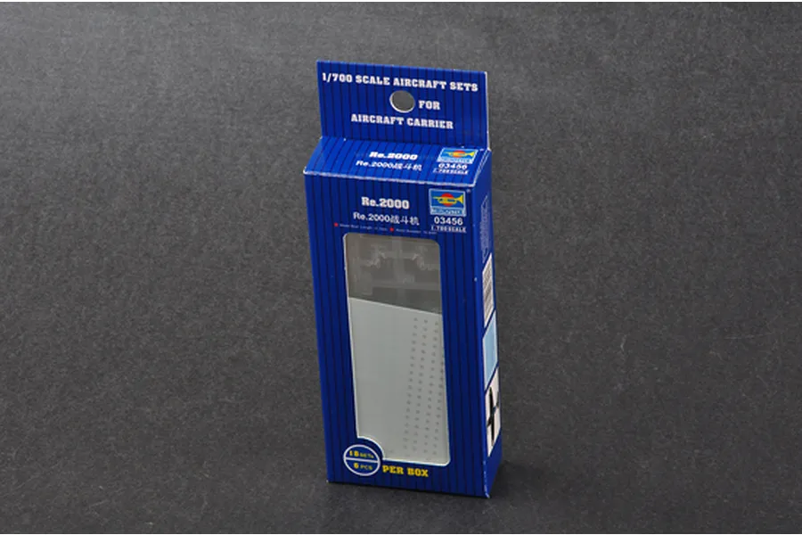 Trumpeter 1/700 scale Re.2000 aircraft model kit box, showing blue packaging with a clear window and model details.