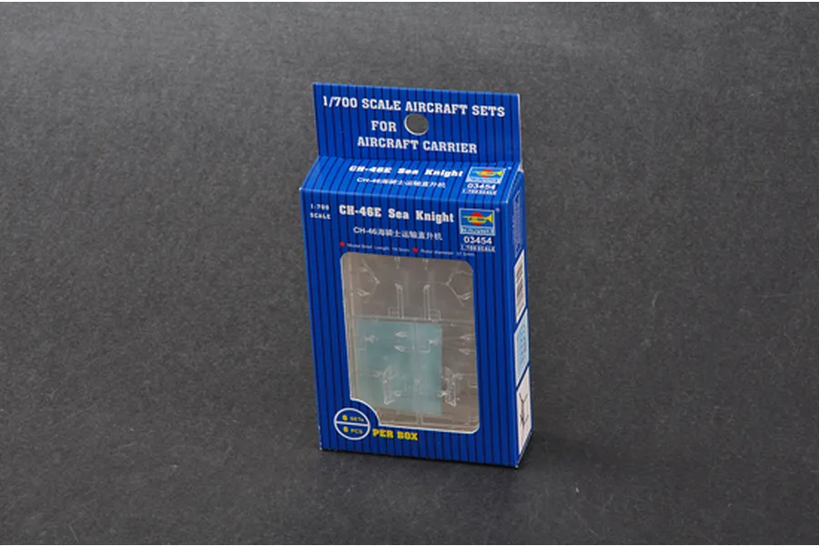 Trumpeter 1/700 scale CH-46E Sea Knight helicopter model kit box, showing 6 pieces per box on a dark background.