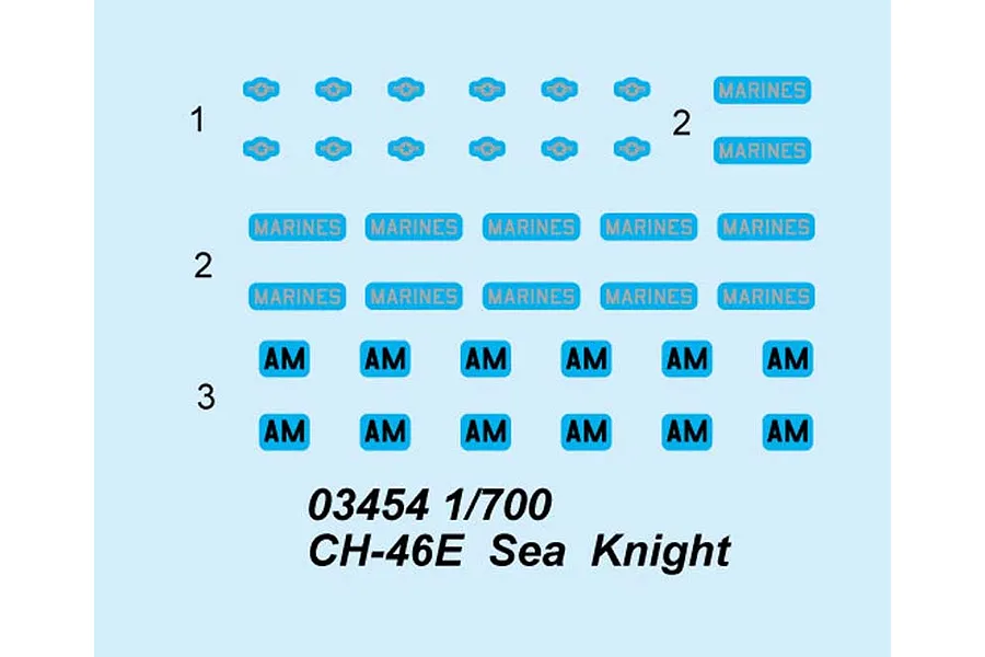 A decal sheet for a 1/700 scale Trumpeter CH-46E Sea Knight model kit featuring various markings including 'MARINES' and 'AM' text.