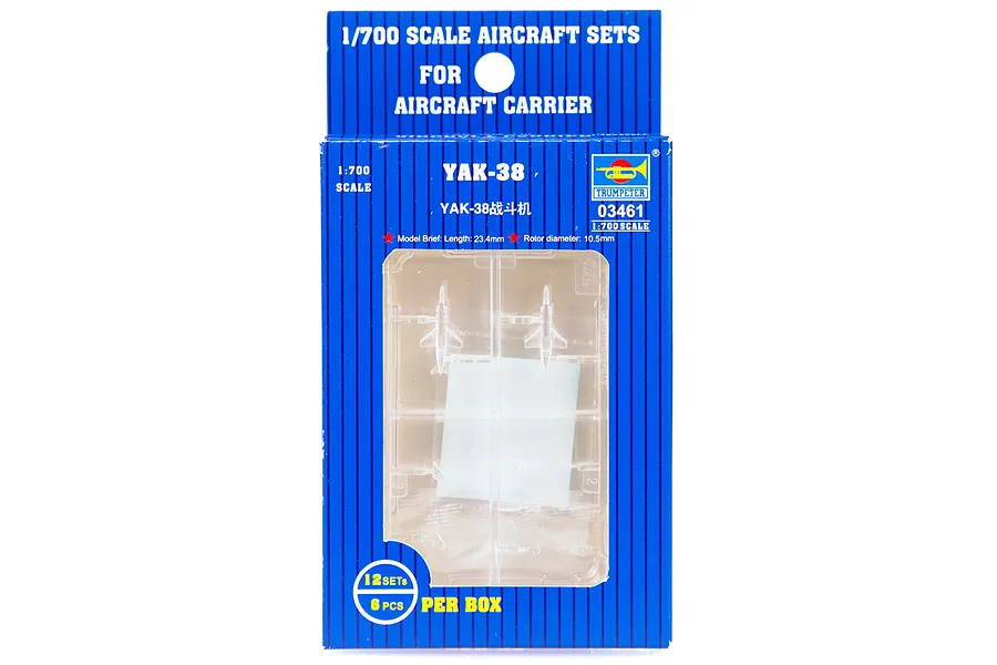 Trumpeter 1/700 scale YAK-38 aircraft model kit packaging featuring blue box with clear plastic window showing model sprues.