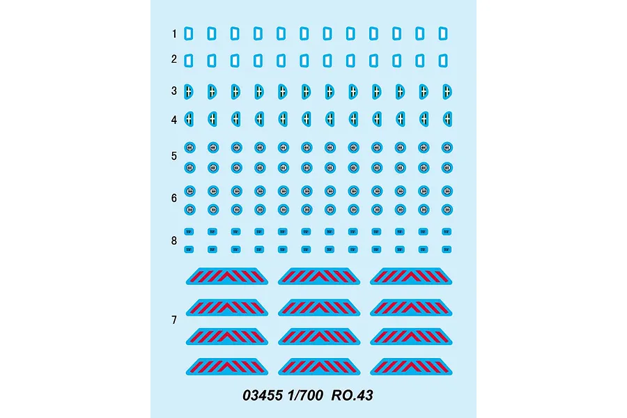 A decal sheet for 1/700 scale IMAM Ro.43 aircraft model kits, featuring various markings, numbers, and red striped patterns on a light blue background.