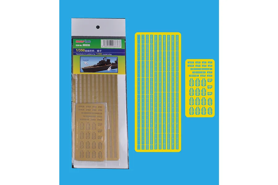 Trumpeter Master Tools 1/350 scale photo-etched handrail and ladder set, showing packaged parts and two loose yellow metal frets.