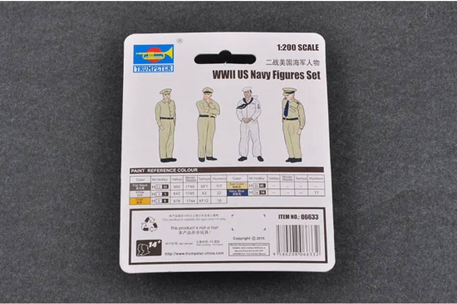 The back of a Trumpeter 1/200 scale WWII US Navy Figures Set model kit packaging, showing illustrations of figures and a paint reference chart.