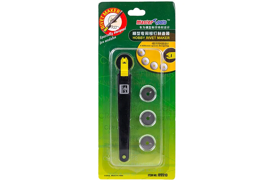 Trumpeter Master Tools Hobby Rivet Maker set in original blister packaging, including a handle and four interchangeable serrated rivet wheels.