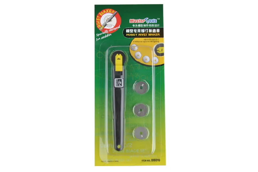 Trumpeter Master Tools rivet maker tool with handle and three interchangeable circular blades on a green blister pack card.