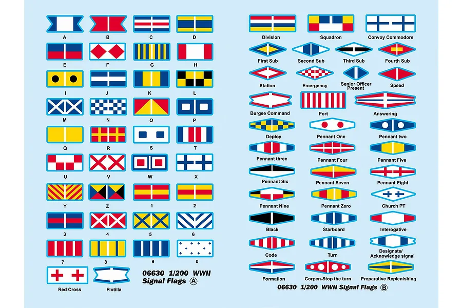 A decal sheet for 1/200 scale WWII signal flags featuring various maritime flags, pennants, and numerical markers with identifying labels.