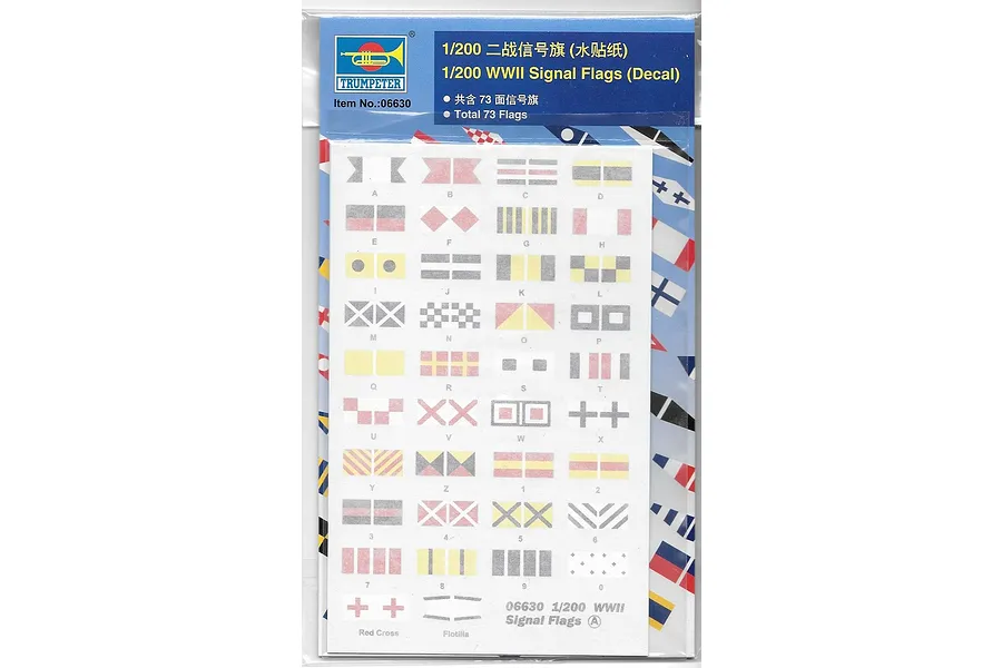 A Trumpeter 1/200 scale WWII signal flags decal sheet in its original plastic packaging, featuring various maritime signal flags labeled with letters and numbers.