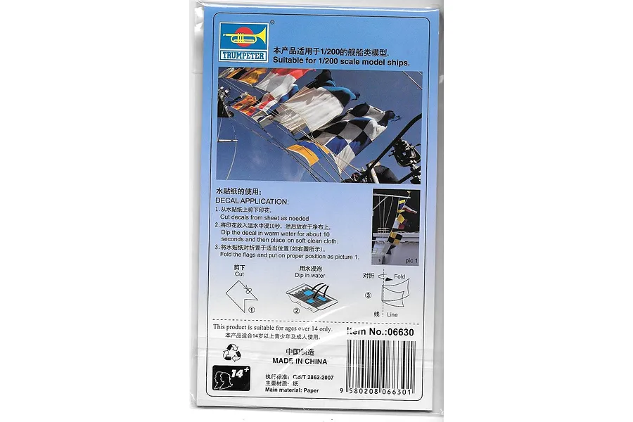 Back of Trumpeter 1/200 scale WWII signal flags decal set packaging showing instructions and illustrations for application.