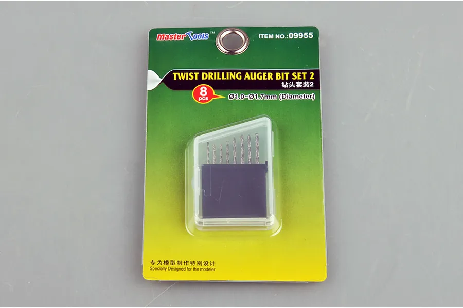 Trumpeter Master Tools 8-piece twist drill bit set (09955) in green blister packaging on a grey surface.