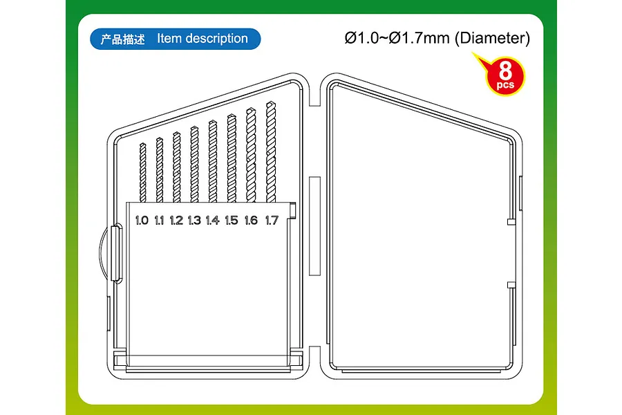 A technical line drawing of an open plastic storage case containing eight craft drill bits ranging from 1.0mm to 1.7mm in diameter.