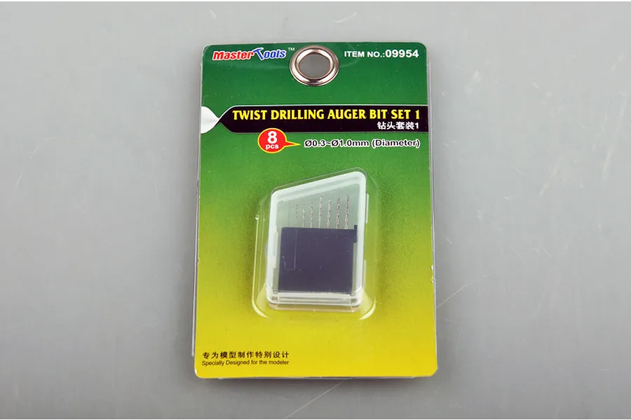 Trumpeter Master Tools 8-piece twist drill bit set (0.3-1.0mm) in original green and yellow blister packaging.