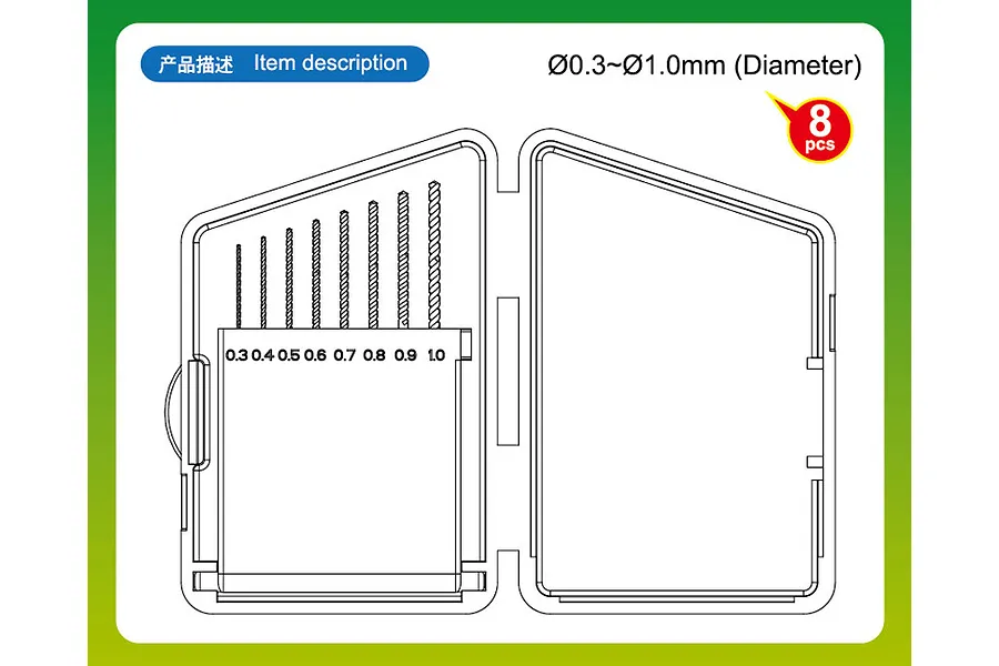 A line drawing illustration of an open storage case containing eight drill bits ranging from 0.3mm to 1.0mm in diameter.