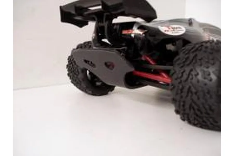 Rear view of a Traxxas 1/16 E-Revo RC car showing the black T-Bone Racing rear bumper installed.
