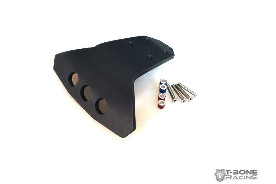 T-Bone Racing black front bumper for Traxxas 1/16 E-Revo with included mounting hardware and spacers on a white background.
