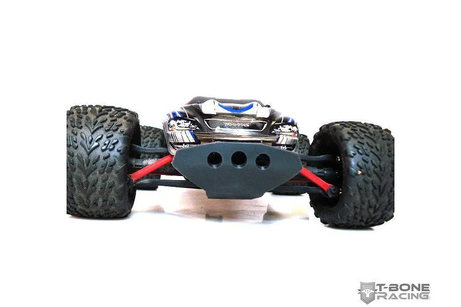 Front view of a Traxxas 1/16 E-Revo RC car fitted with a black T-Bone Racing front bumper.