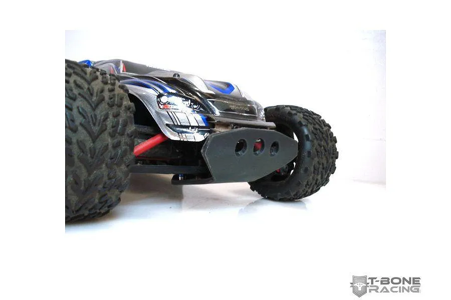 A T-Bone Racing front bumper installed on a Traxxas 1/16 E-Revo RC car, viewed from a low front angle.