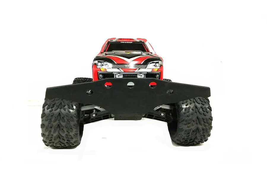 Front view of a Traxxas Stampede RC truck fitted with a wide black T-Bone Racing basher bumper.