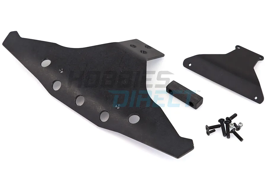 T-Bone Racing black front basher bumper kit for Traxxas Stampede 4x4, including bumper, mounting plate, block, and screws.