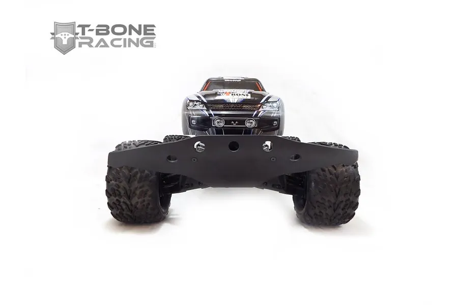 Front view of a Traxxas Stampede 4x4 RC truck equipped with a wide black T-Bone Racing front bumper, set against a white background.