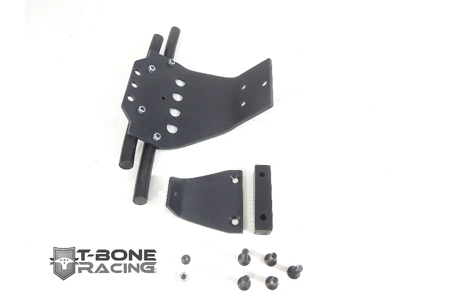T-Bone Racing front bumper kit for Traxxas Stampede 4x4, including black plastic bumper, mounting plates, and hardware on a white background.