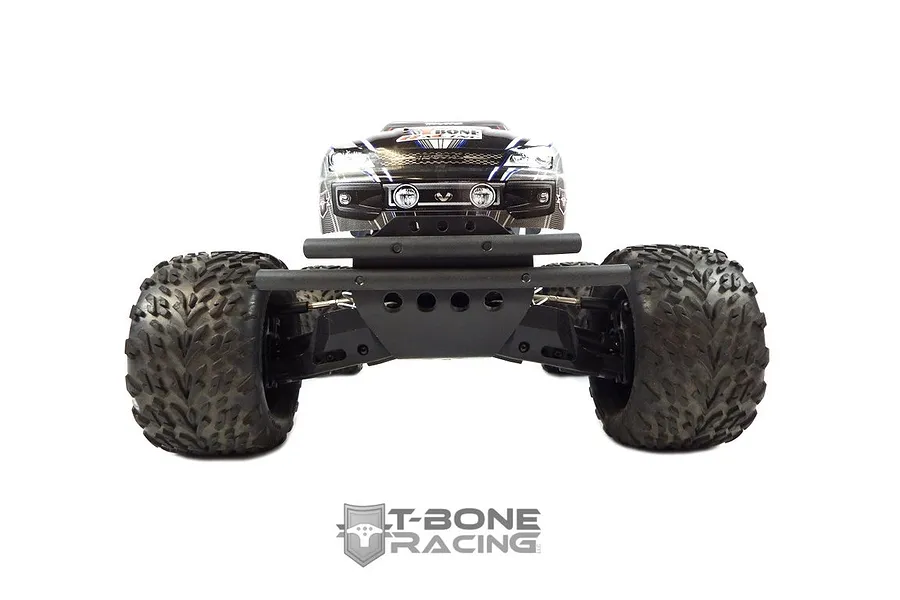 Front view of a Traxxas Stampede 4x4 RC truck equipped with a black T-Bone Racing XV4 front bumper, isolated on a white background.