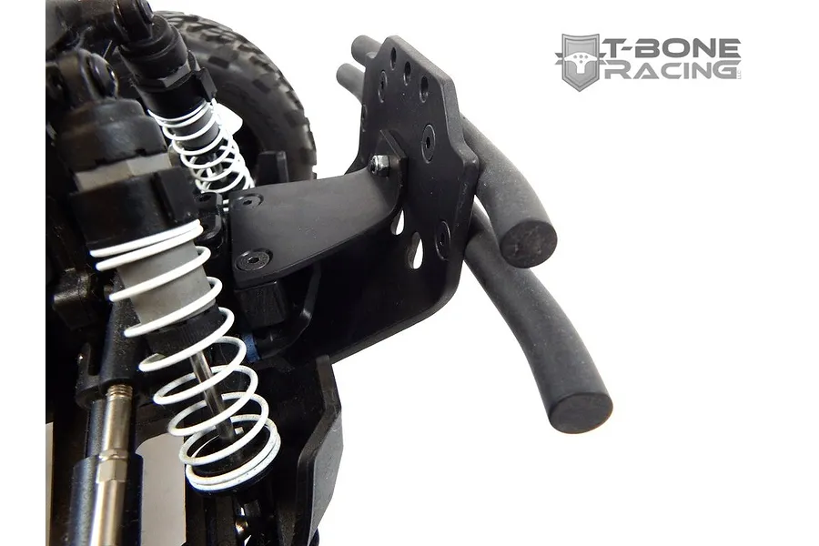 T-Bone Racing front bumper installed on a Traxxas Stampede 4x4 RC vehicle, showing the black nylon bumper and mounting hardware.