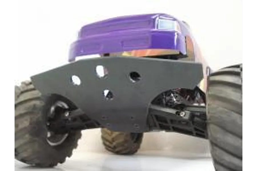 A T-Bone Racing front basher bumper installed on a Traxxas Stampede RC truck with a purple body shell.