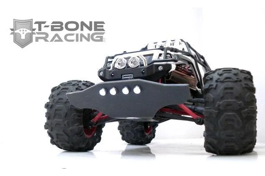 A T-Bone Racing front bumper installed on a Traxxas 1/16 Summit RC truck, featuring four LED mounting holes on a black plastic bumper.