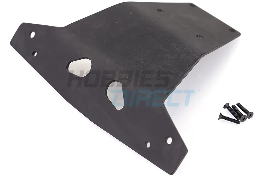 A black T-Bone Racing rear wide monster bumper for Traxxas E-Maxx with four included mounting screws on a white background.