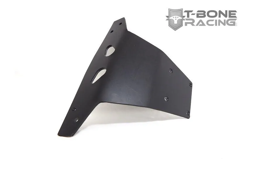 T-Bone Racing black wide rear bumper for Traxxas E-Maxx RC car, shown from an angled perspective against a white background.