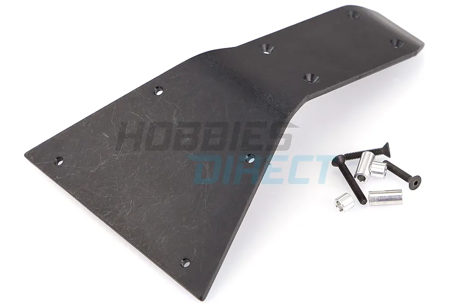 T-Bone Racing black rear bumper skid plate for Traxxas Summit with included mounting hardware on a white background.