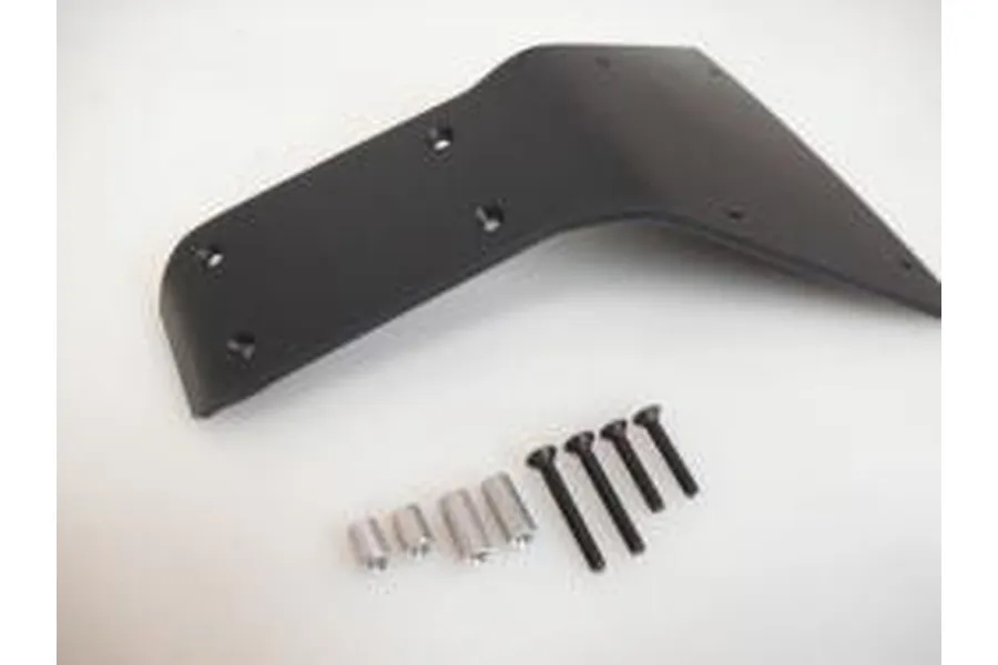 T-Bone Racing black rear bumper skid plate for Traxxas Summit with included mounting hardware, spacers, and screws on a white background.