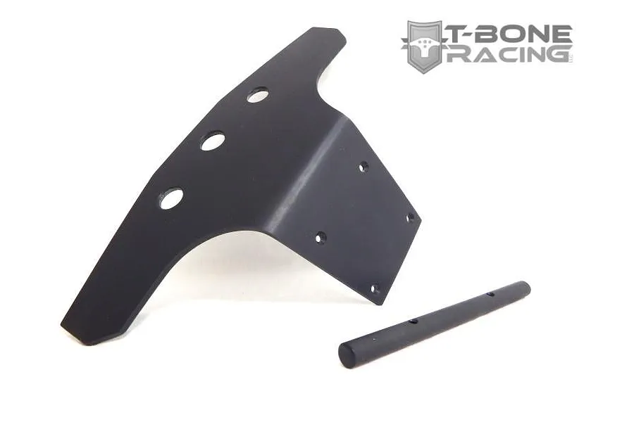 T-Bone Racing black front basher bumper and mounting rod for Traxxas E-Maxx RC car on a white background.