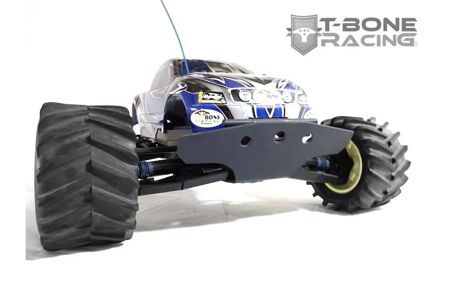 A front-facing view of a Traxxas E-Maxx RC monster truck equipped with a black T-Bone Racing front basher bumper.