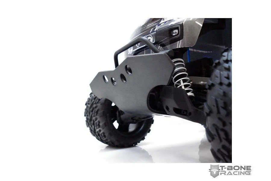 A close-up view of a black T-Bone Racing front basher bumper installed on a Traxxas Stampede 4x4 RC truck.