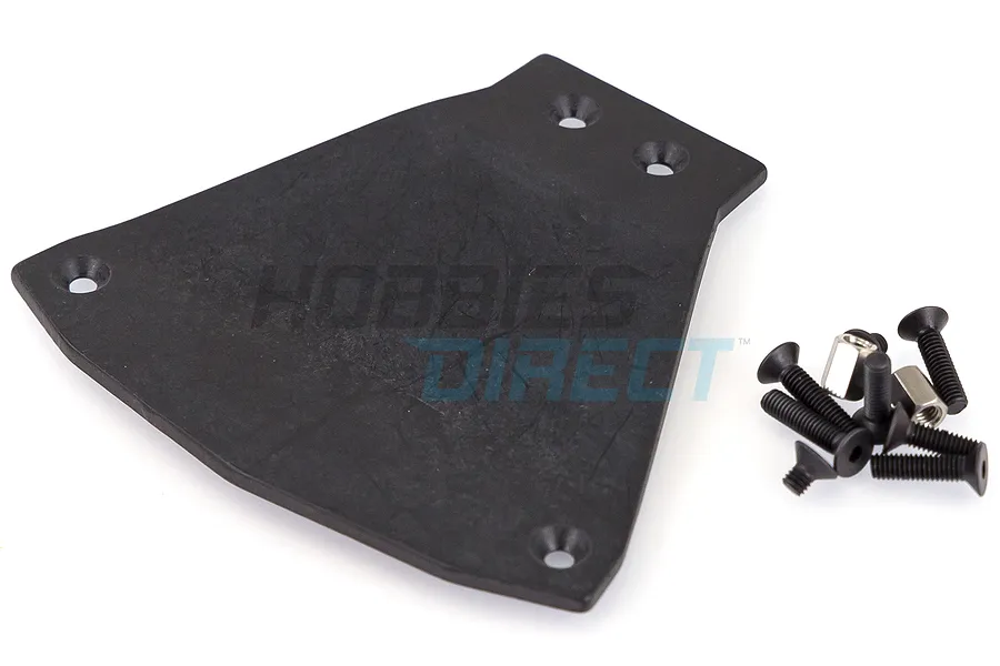 T-Bone Racing black plastic servo guard for Traxxas Stampede 4x4 with included mounting hardware on a white background.