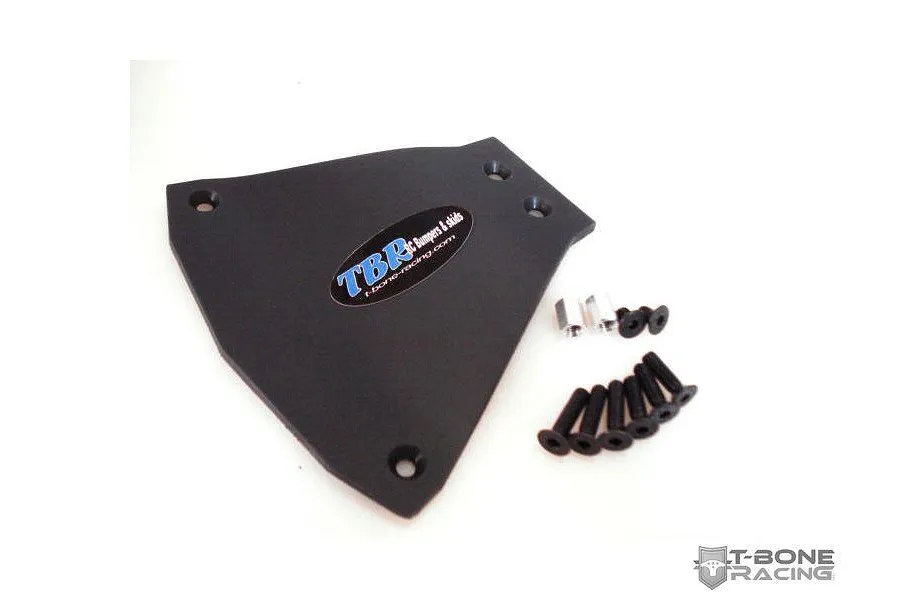 T-Bone Racing black servo guard for Traxxas Stampede 4x4 with included mounting hardware and screws on a white background.