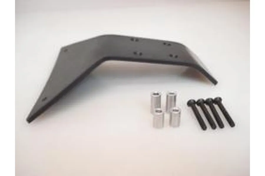 T-Bone Racing black front bumper skid plate for Traxxas 1/10 Summit with included mounting hardware, spacers, and screws on a white background.