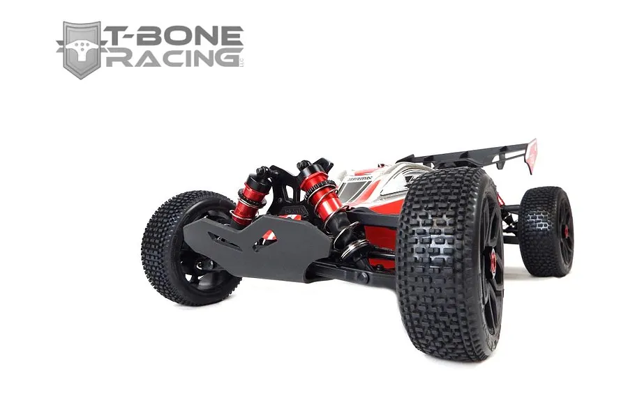 A T-Bone Racing front bumper installed on an ARRMA Typhon 6S RC buggy against a white background.