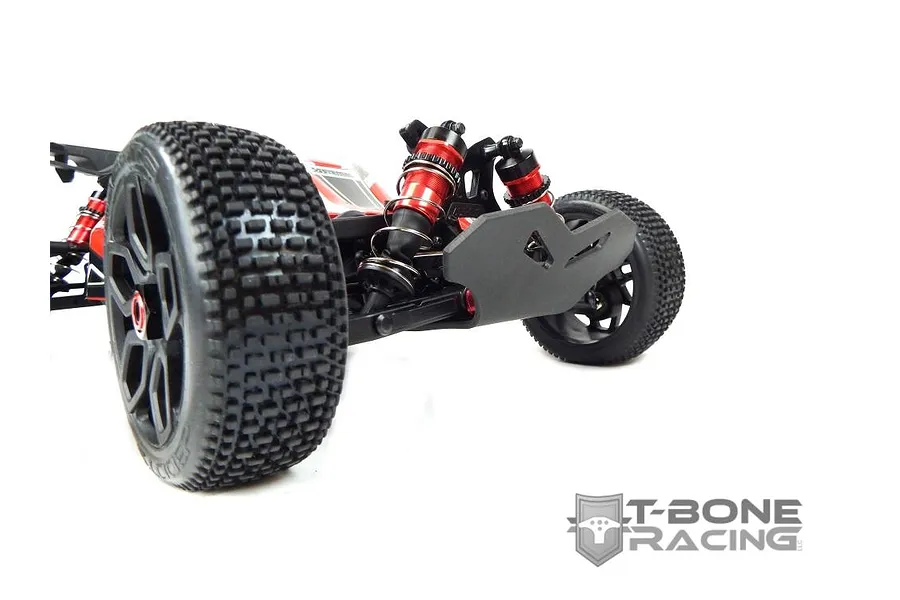 A T-Bone Racing front bumper installed on an ARRMA Typhon 6S RC buggy, showing the black plastic bumper mounted to the front chassis.