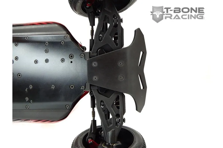 A T-Bone Racing front bumper installed on an ARRMA Typhon 6S RC buggy chassis, viewed from below against a white background.