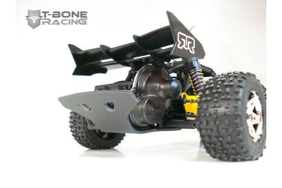 A T-Bone Racing rear bumper installed on the back of an ARRMA Raider RC buggy, viewed from a low angle against a white background.