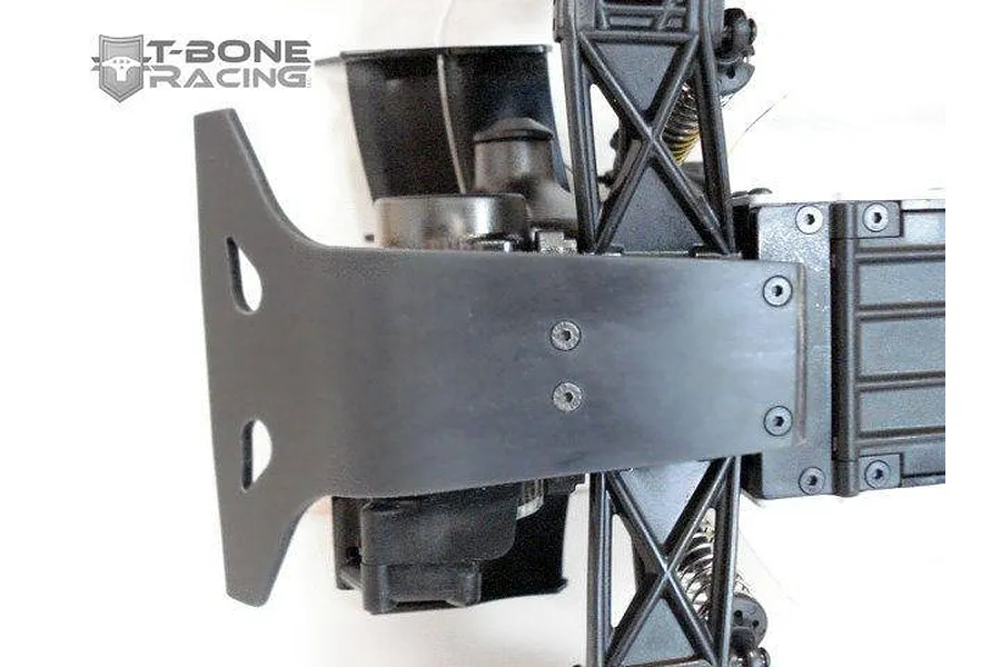 T-Bone Racing black rear monster bumper installed on an ARRMA RC vehicle chassis, viewed from above.